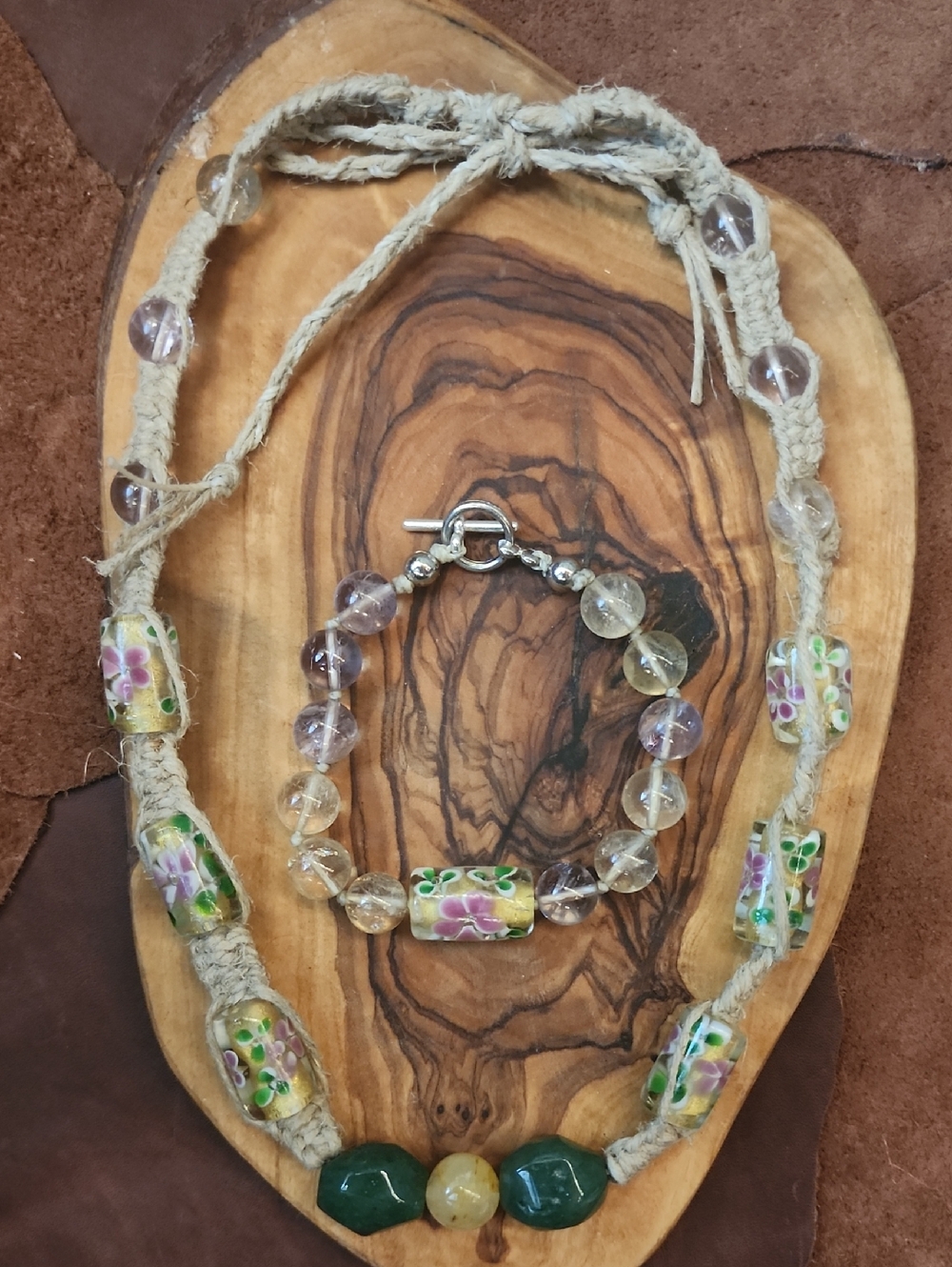 (2pc) Floral Glass Bead Stone Necklace & Bracelet Set -Hand Crafted